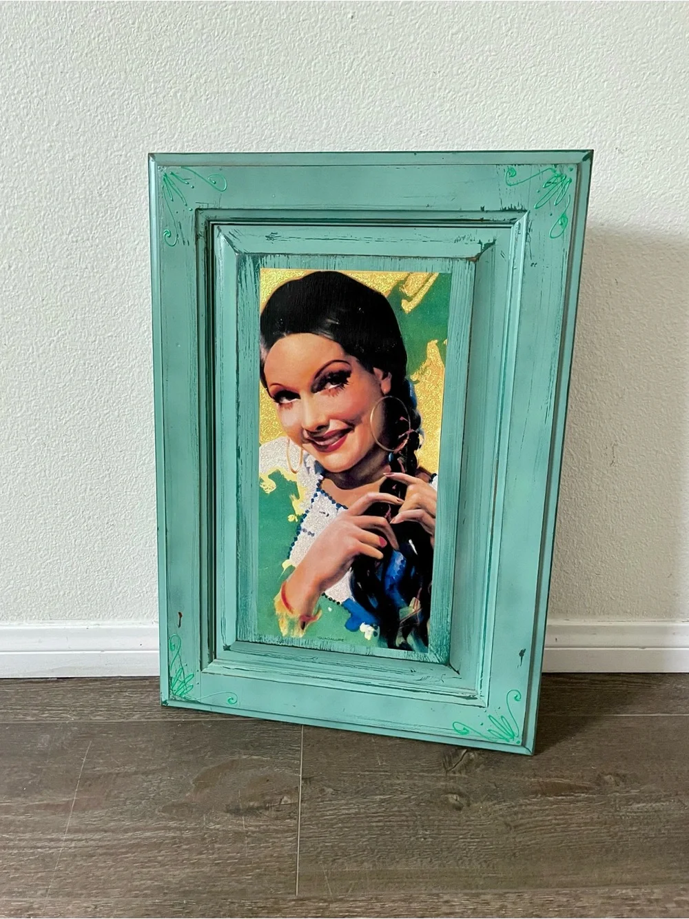 Turquoise Distressed Wood Picture Frame with Portrait Artwork